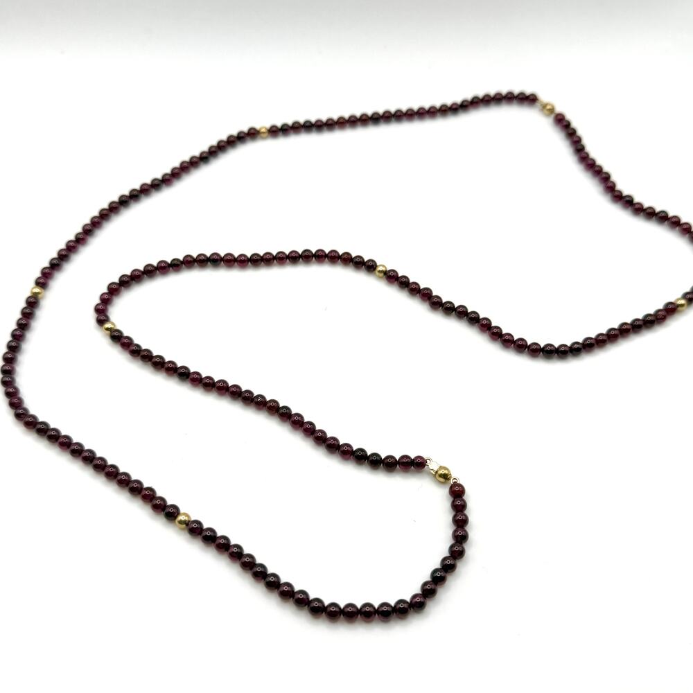 Vintage 90s Deep Red Genuine Garnet Beaded Gold Accent Spacer Strand Necklace